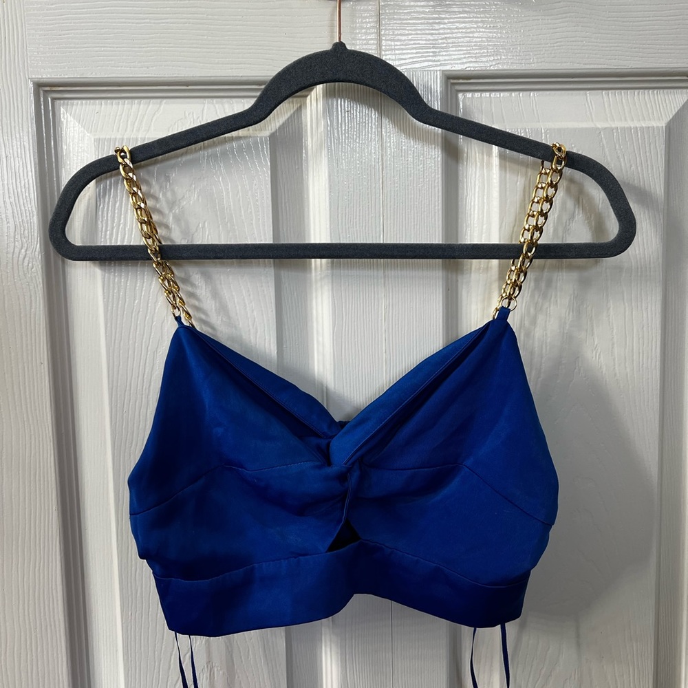 Zara Blue Front Cross Knot Top with Chain Straps. Size SMALL. Worn ONCE.